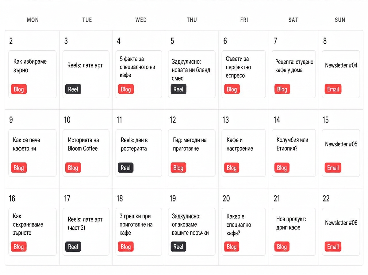 Примерен content calendar в Notion за Bloom Coffee — септември 2026