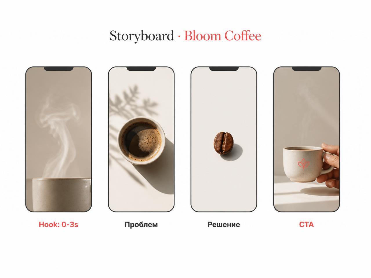 TikTok storyboard за Bloom Coffee — 4 кадъра